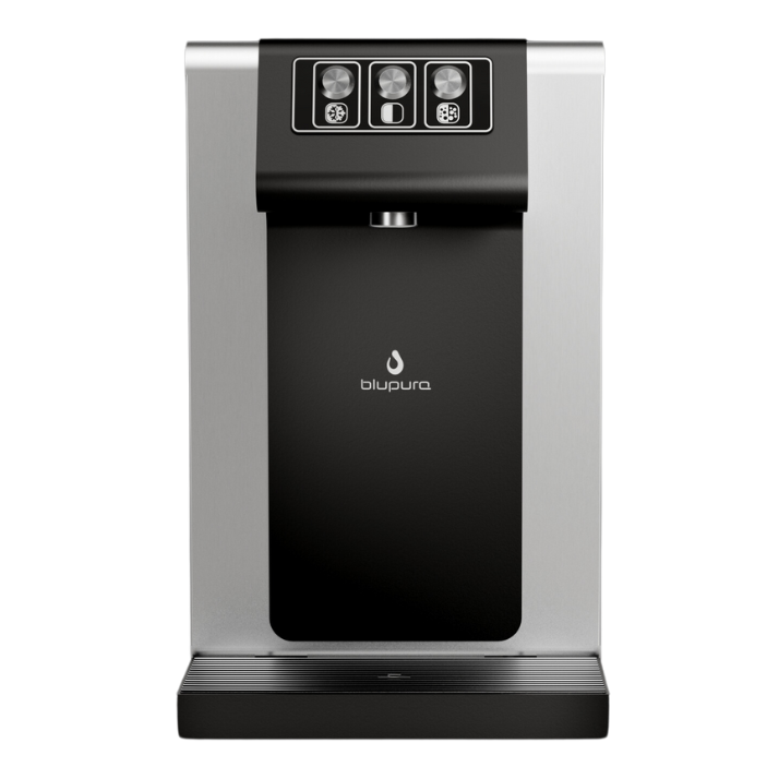 Blusoda 30 Auftisch-Wasserspender von Blupura in Weiß mit Edelstahlfront